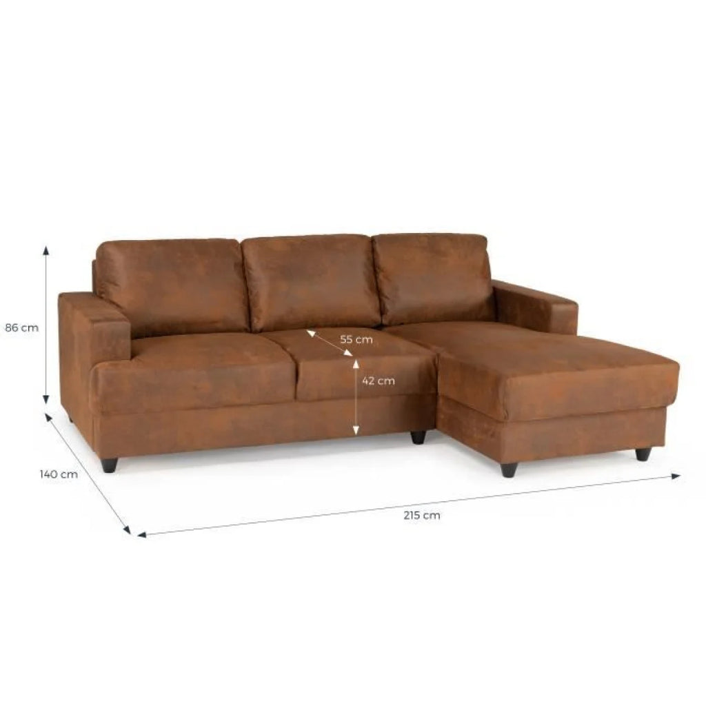Canapé d’angle marron cognac en tissu aspect cuir avec méridienne droite 215x140 cm