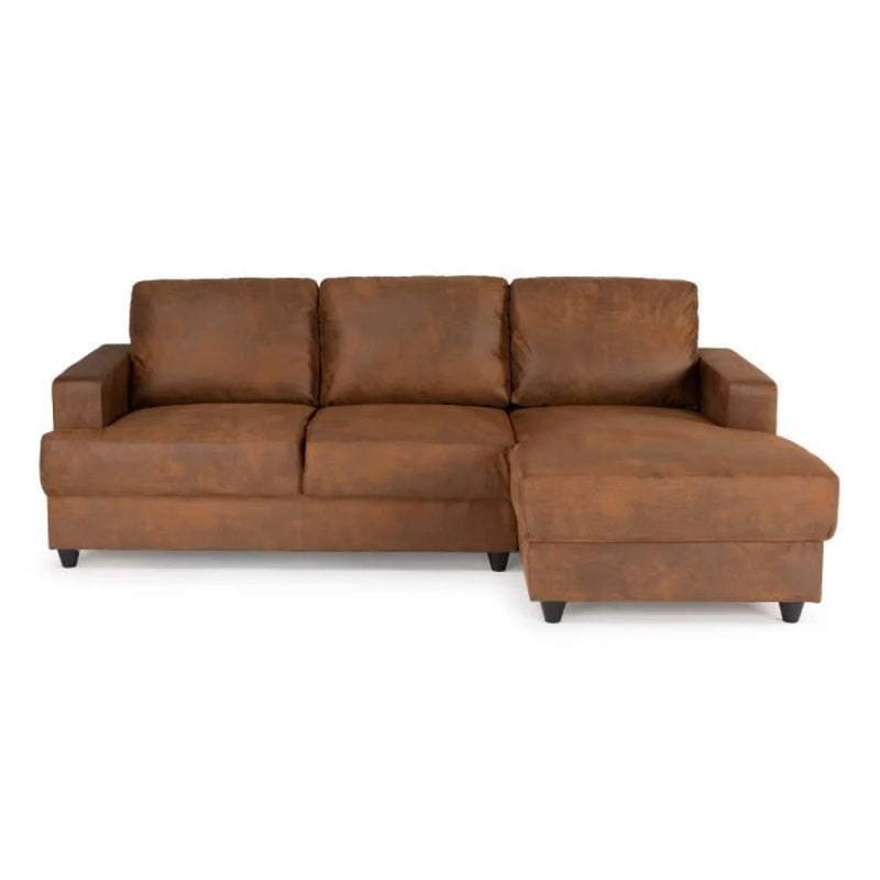 Canapé d’angle marron cognac en tissu aspect cuir avec méridienne droite – 215x140 cm