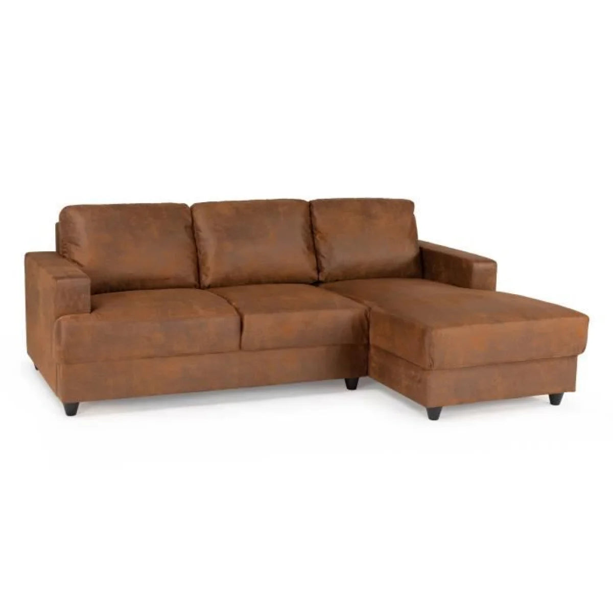 Canapé d’angle marron cognac en tissu aspect cuir avec méridienne droite