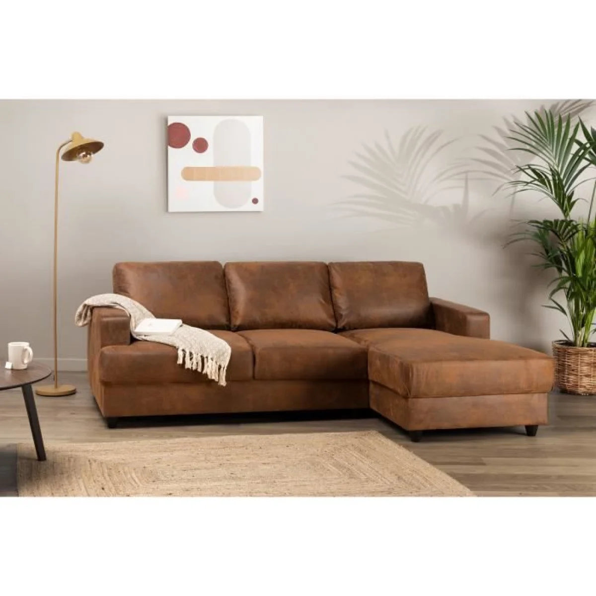 Canapé d angle marron cognac en tissu aspect cuir avec méridienne droite
