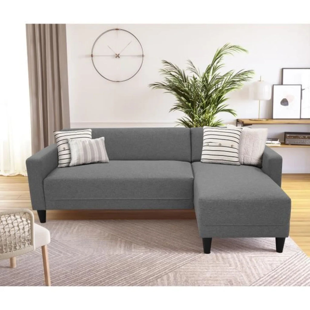Canapé d’angle réversible en tissu anthracite avec méridienne droite, gris avec coussins rayés