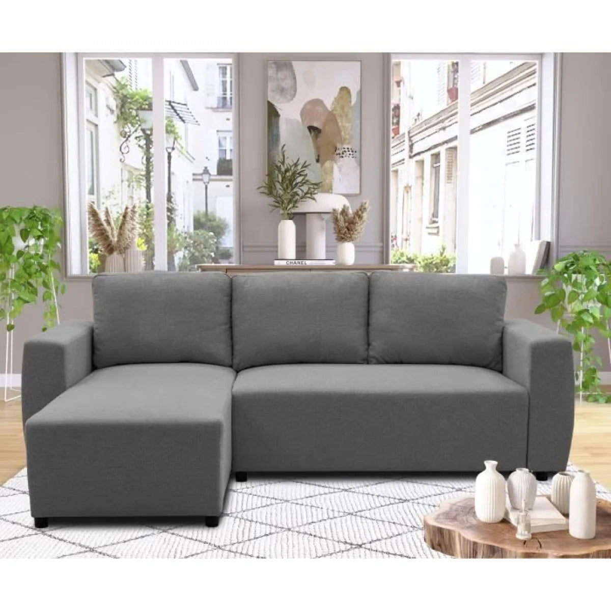 Canapé d’angle réversible gris anthracite avec coffre 224x155 cm