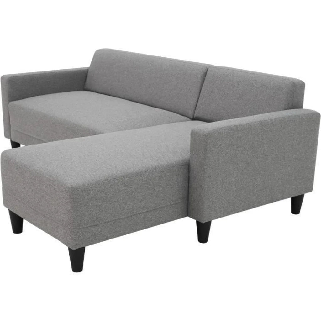 Canapé d’angle réversible en tissu gris chiné avec méridienne à droite et jambes noires