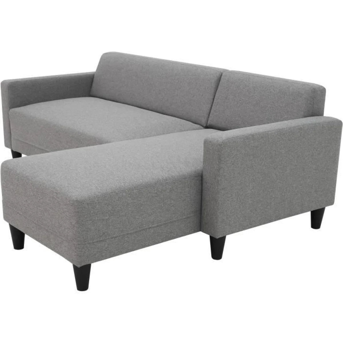 Canapé d’angle réversible en tissu gris chiné avec méridienne à droite et jambes noires
