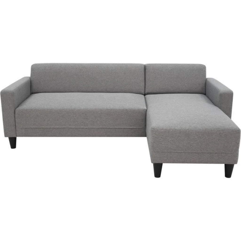 Canapé d’angle réversible en tissu gris chiné avec méridienne à droite et pieds noirs