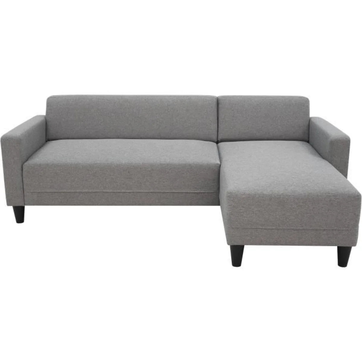 Canapé d’angle réversible en tissu gris chiné avec méridienne à droite et pieds noirs