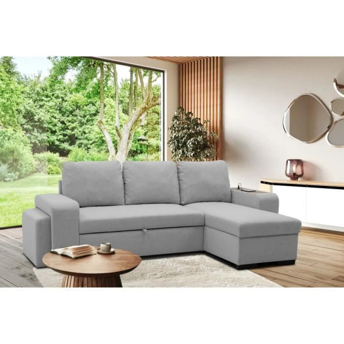 Canapé d’angle réversible gris clair tissu avec méridienne droite 247x143 cm