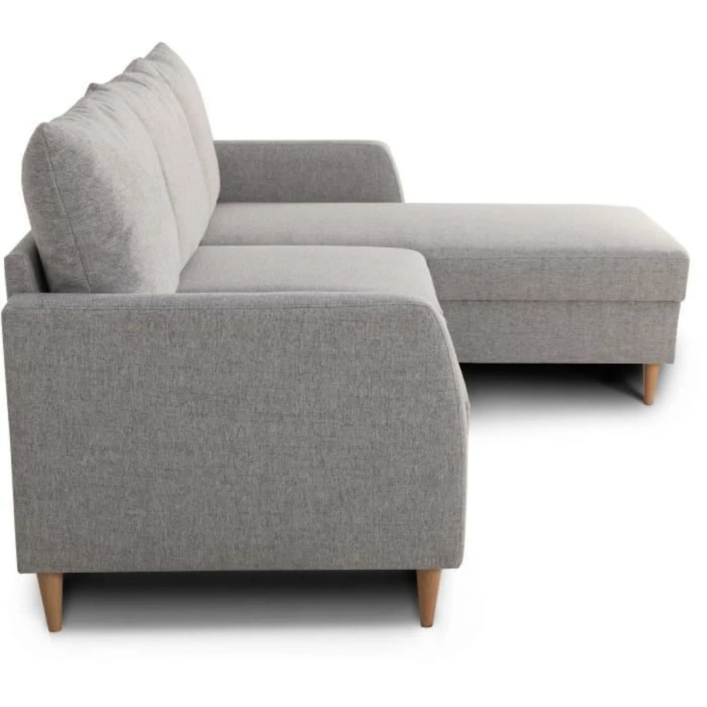 Canapé d’angle réversible en tissu gris clair avec pieds en bois naturel