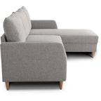 Canapé d’angle réversible en tissu gris clair avec pieds en bois naturel