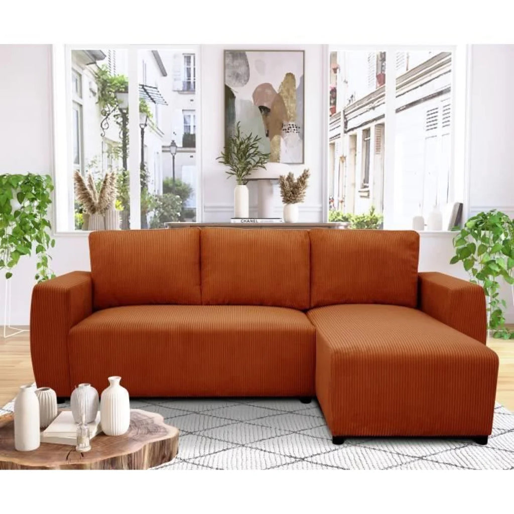 Canapé d’angle réversible en velours côtelé terracotta orange avec chaise longue