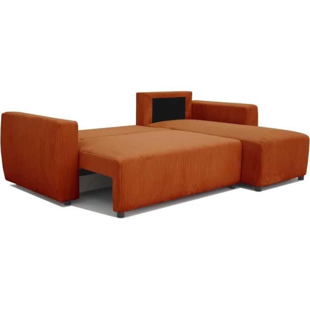 Canapé d’angle réversible en velours côtelé terracotta orange avec accents noirs et pieds en bois