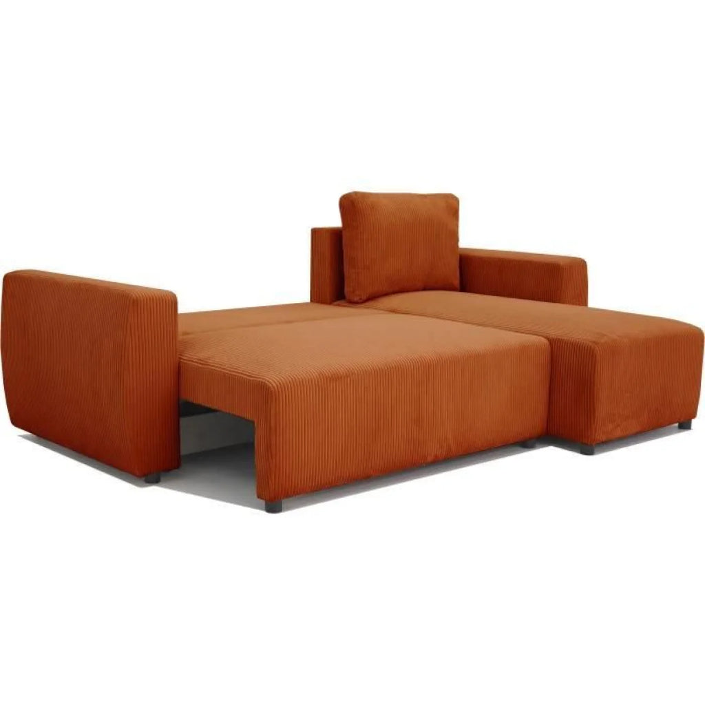 Canapé d’angle réversible en velours côtelé terracotta orange avec pieds noirs