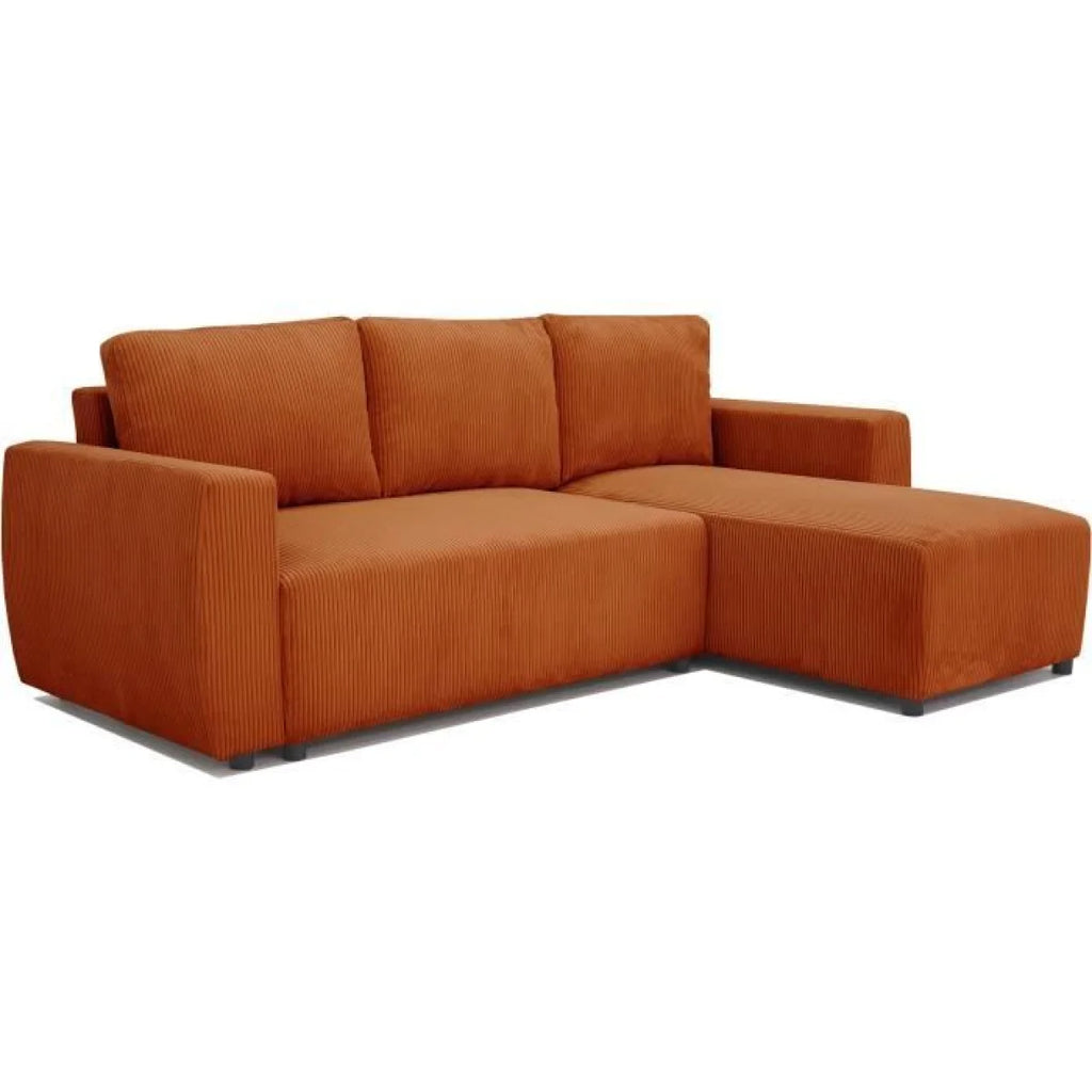 Canapé d’angle réversible en velours côtelé terracotta orange avec chaise longue et pieds en bois sombre