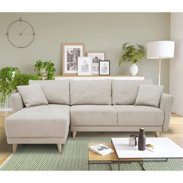 Canapé d’angle scandinave en tissu beige clair 244x158 cm avec chaise longue gauche