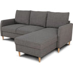 Canapé d’angle tissu anthracite avec méridienne droite et pieds en bois