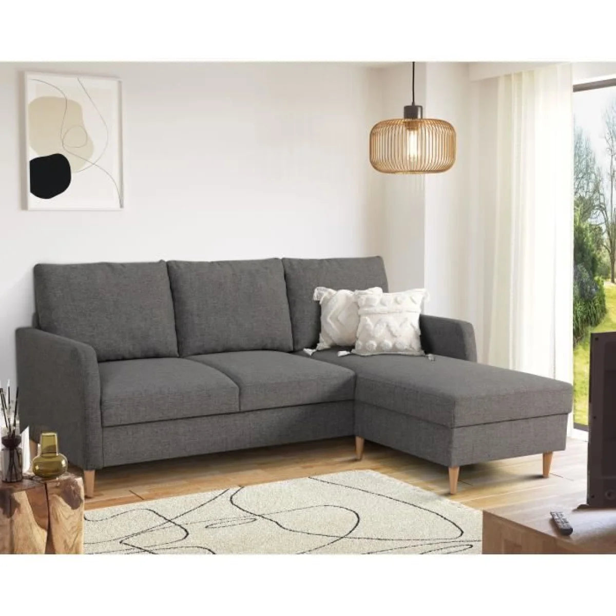 Canapé d’angle tissu anthracite avec méridienne droite et pieds en bois, design moderne
