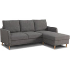 Canapé d’angle en tissu anthracite avec méridienne droite et pieds en bois