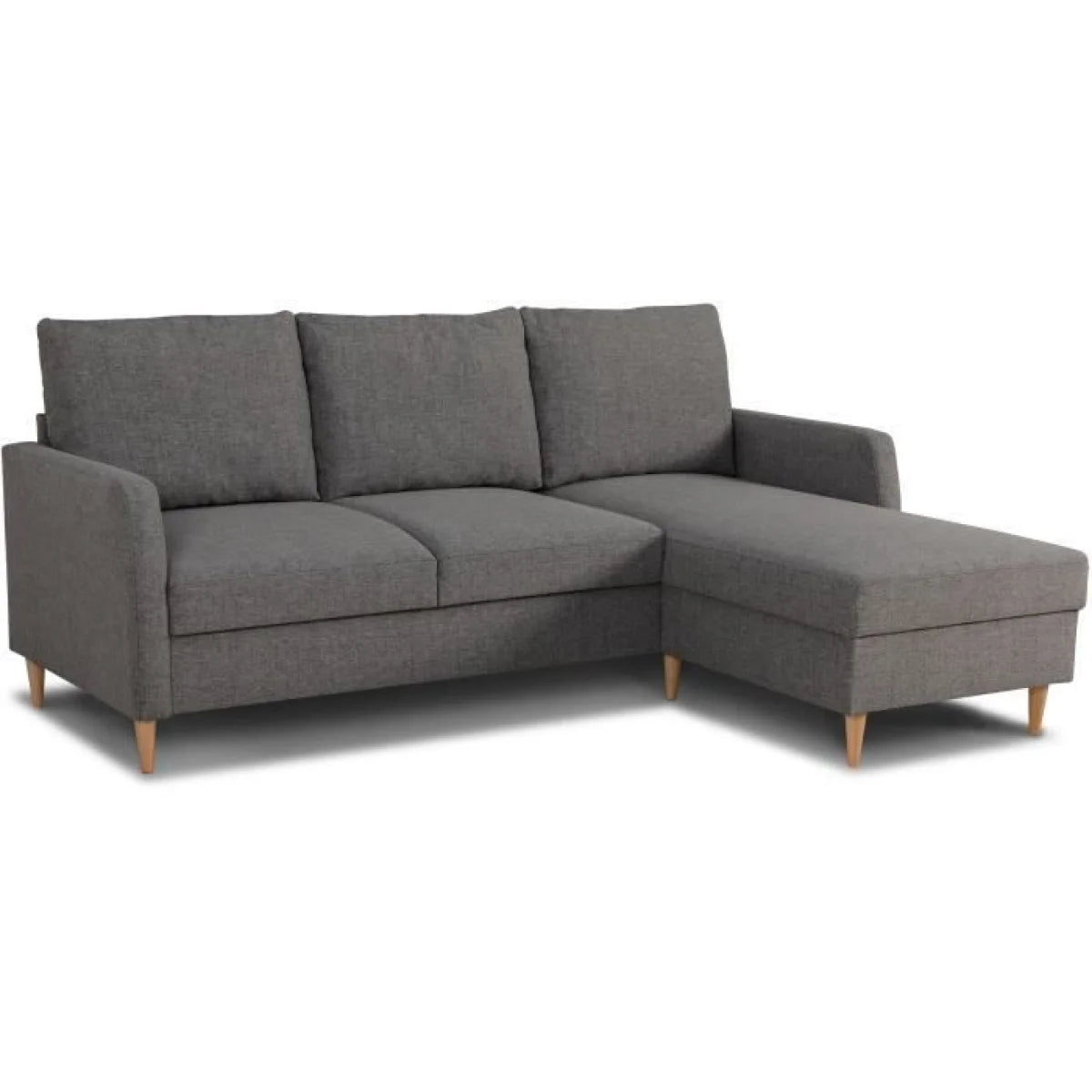 Canapé d’angle en tissu anthracite avec méridienne droite et pieds en bois