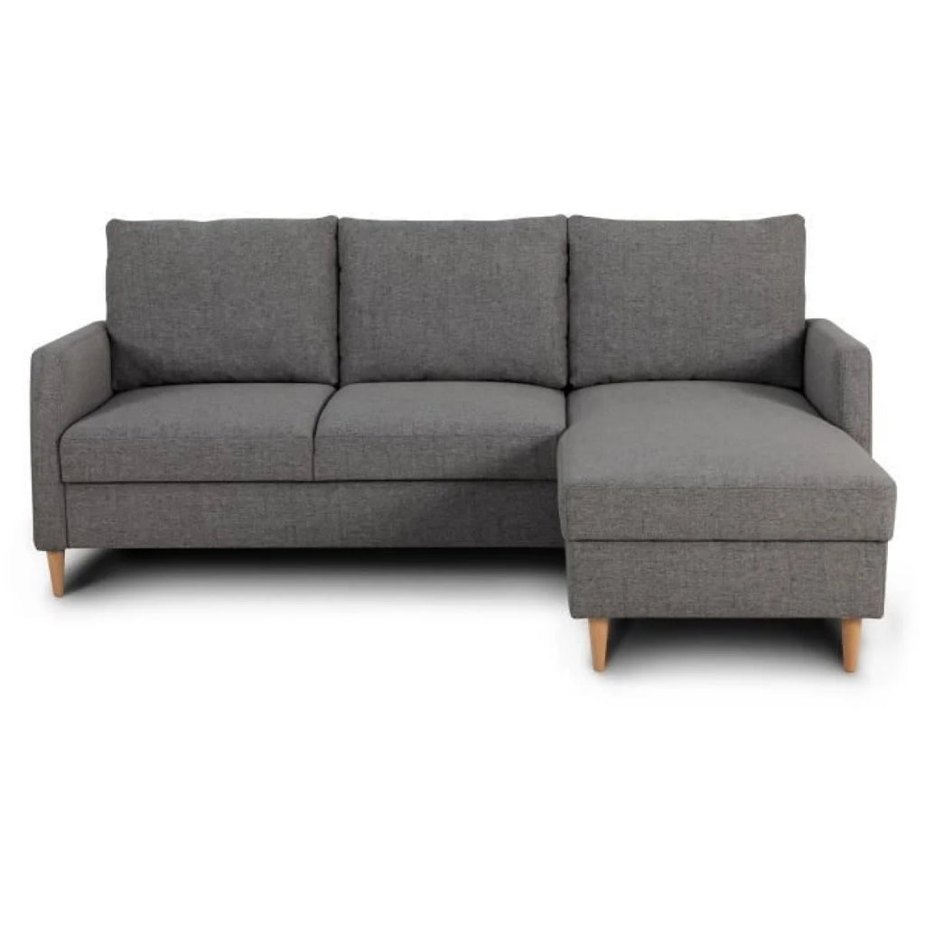 Canapé d’angle tissu anthracite avec méridienne droite et pieds en bois