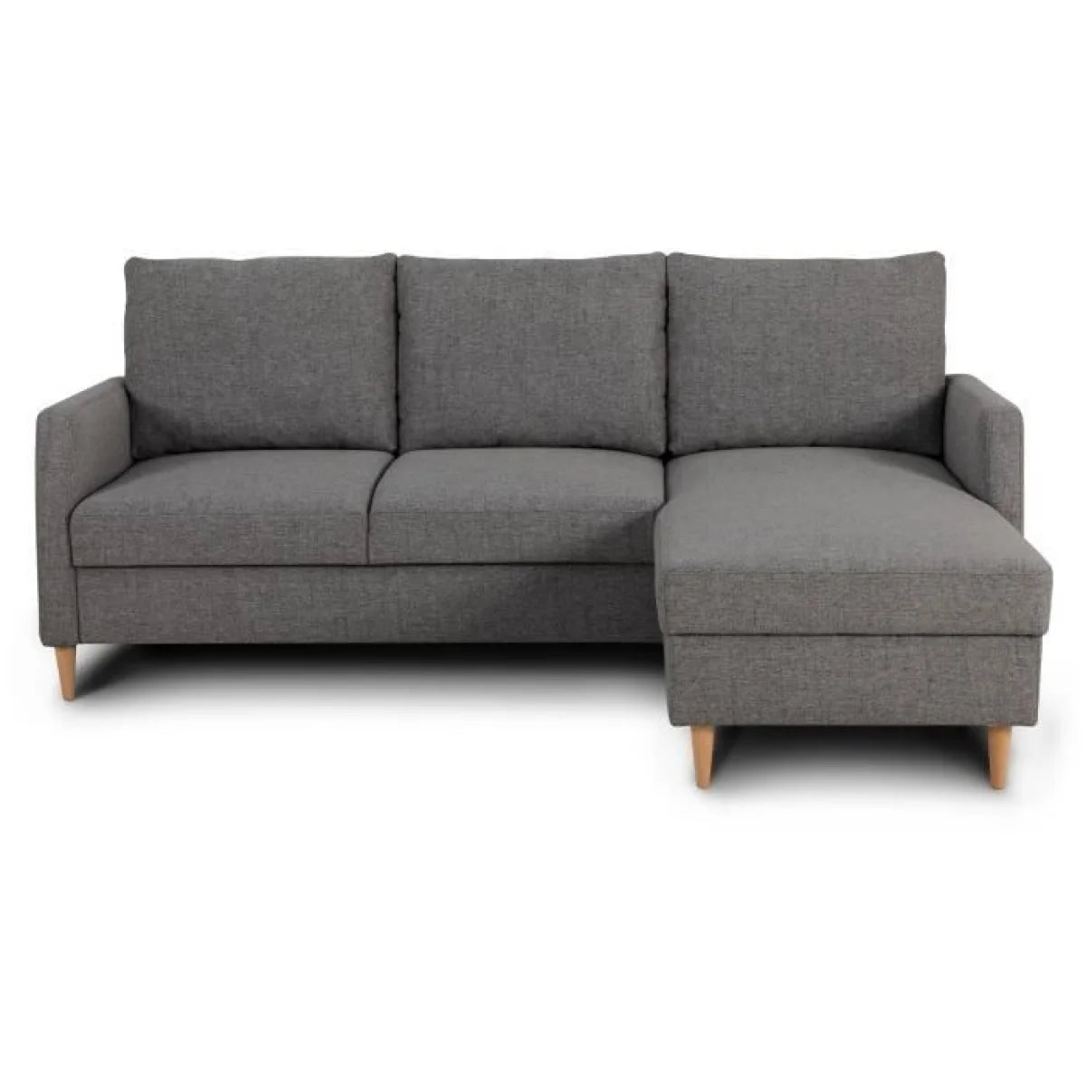 Canapé d’angle tissu anthracite avec méridienne droite et pieds en bois
