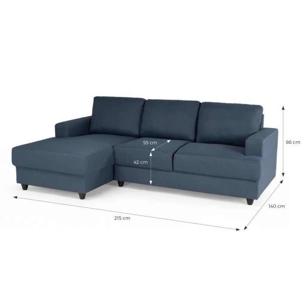 Canapé d’angle tissu bleu foncé avec méridienne gauche, chaise longue, bois, 215x140 cm