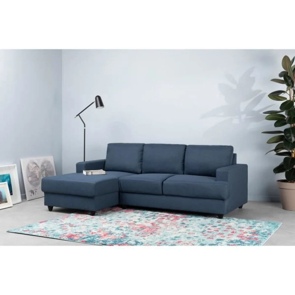 Canapé d’angle tissu bleu foncé avec méridienne gauche, design moderne, 215x140 cm