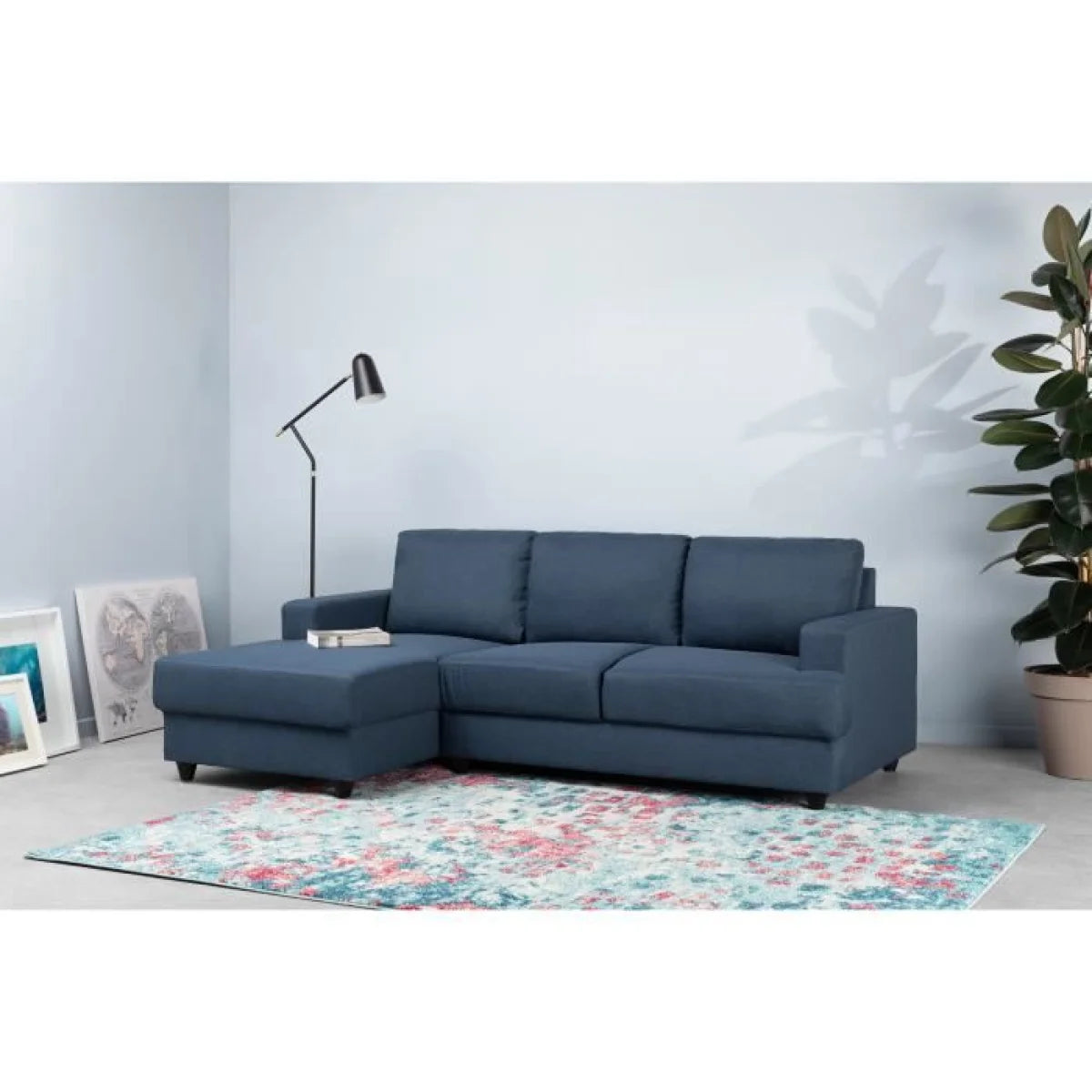 Canapé d’angle tissu bleu foncé avec méridienne gauche, design moderne, 215x140 cm