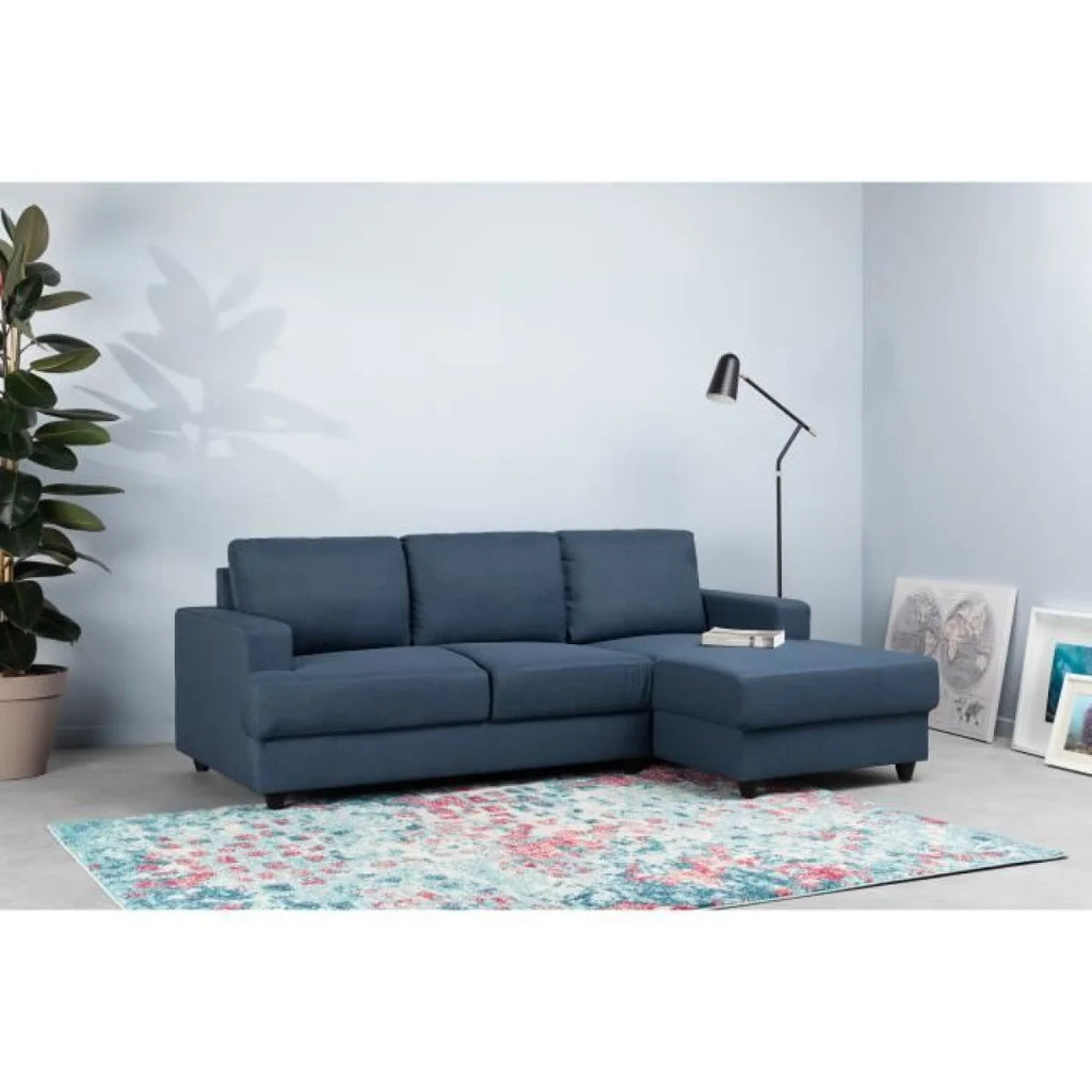 Canapé d’angle en tissu bleu marine avec méridienne droite, design moderne, 215x140 cm