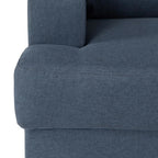 Canapé d angle en tissu bleu marine avec méridienne droite, fauteuil tufté et jambes en bois