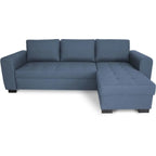 Canapé d angle en tissu bleu avec méridienne droite et accoudoirs ronds, détails tuftés