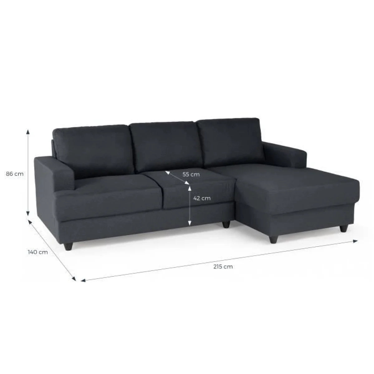 Canapé d’angle en tissu gris anthracite avec méridienne droite, design moderne
