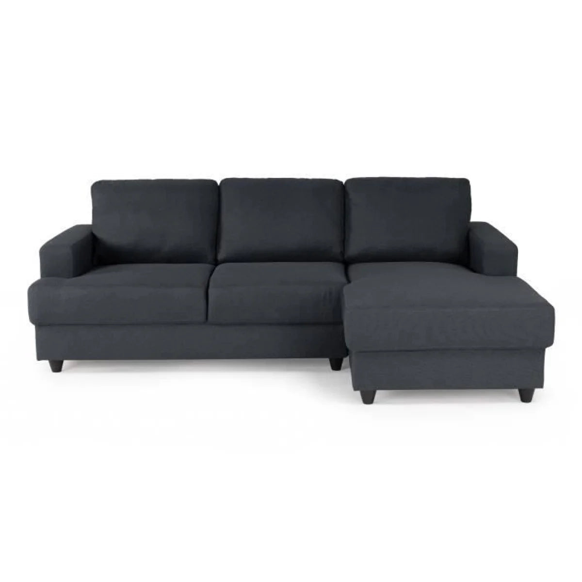 Canapé d’angle en tissu gris anthracite avec méridienne droite et pieds en bois