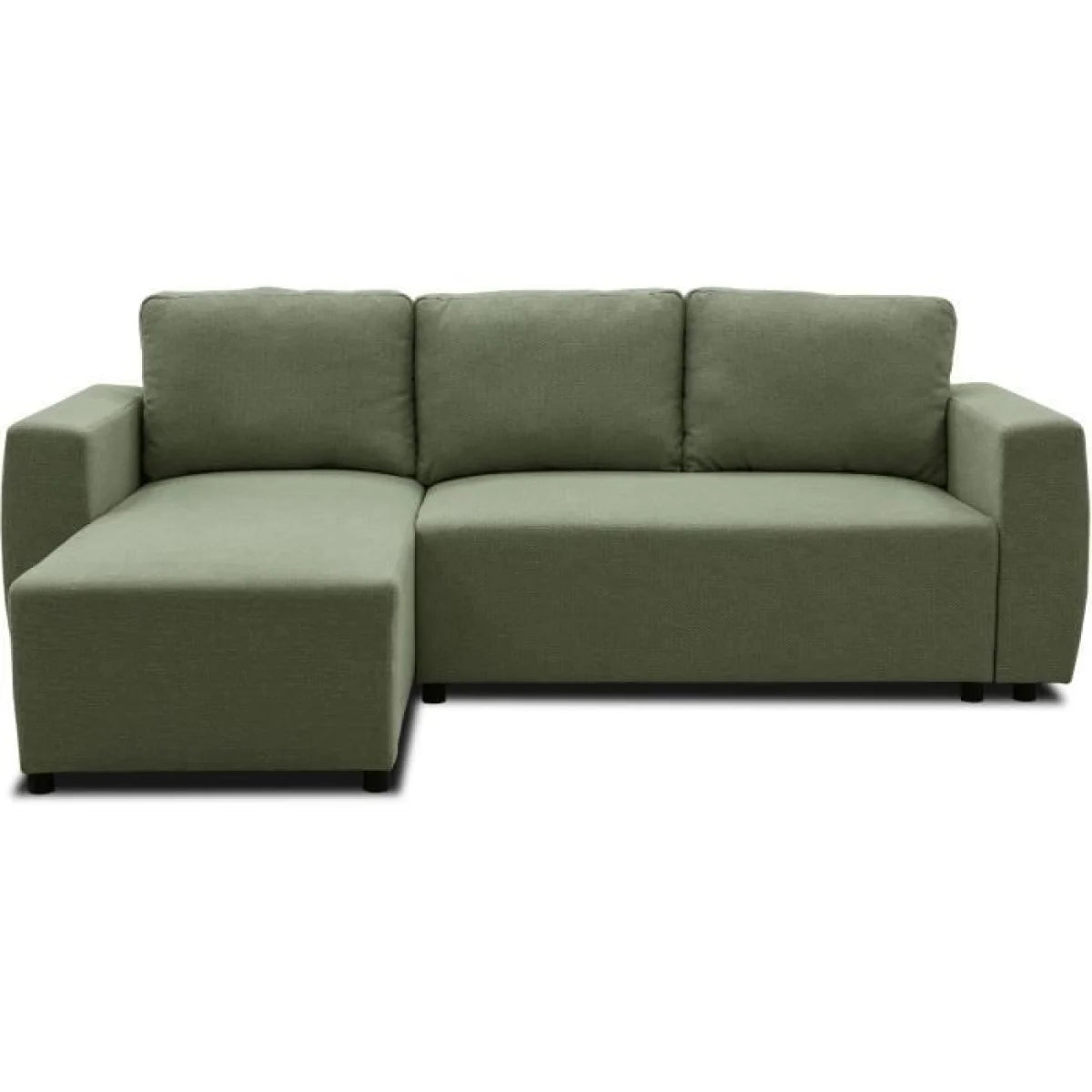 Canapé d’angle vert sauge avec méridienne gauche, style moderne minimaliste