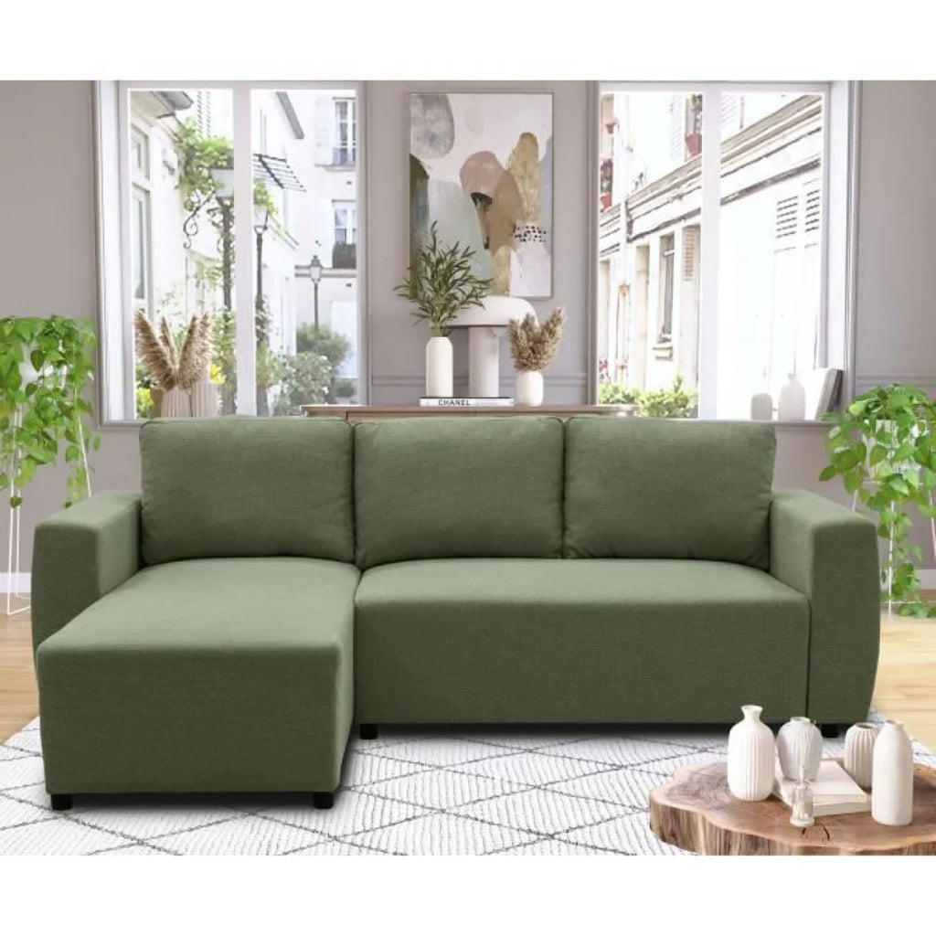 Canapé d’angle vert sauge avec méridienne gauche, design moderne 224x155 cm