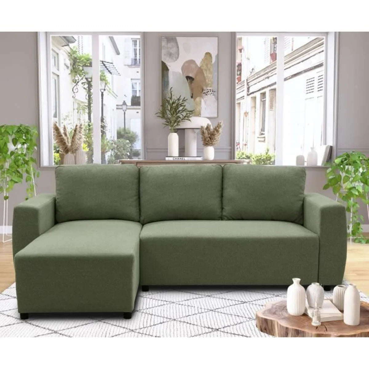 Canapé d’angle vert sauge avec méridienne gauche, design moderne 224x155 cm