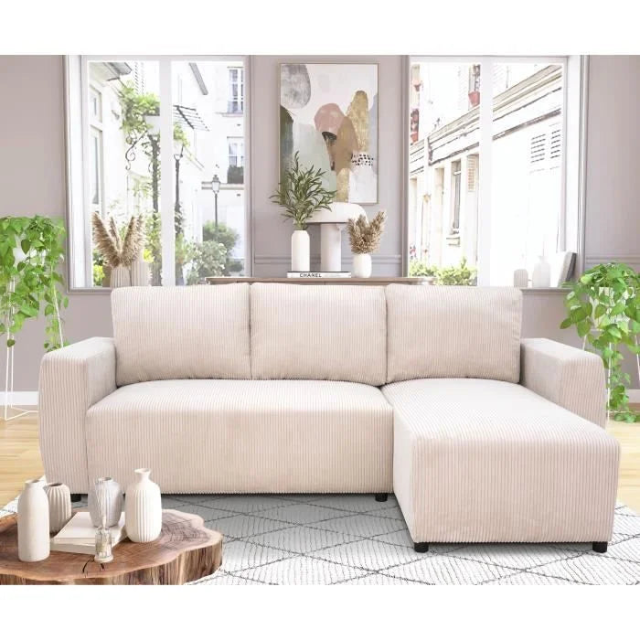 Canapé d’angle velours côtelé beige méridienne droite 230x155 cm