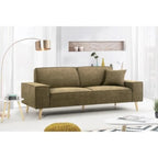 Canapé droit en tissu vert olive avec pieds en bois clair, design moderne salon