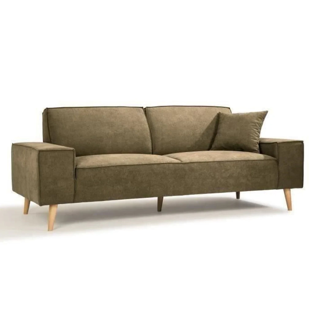 Canapé droit en tissu vert olive avec pieds en bois clair et coussin, 216x90 cm