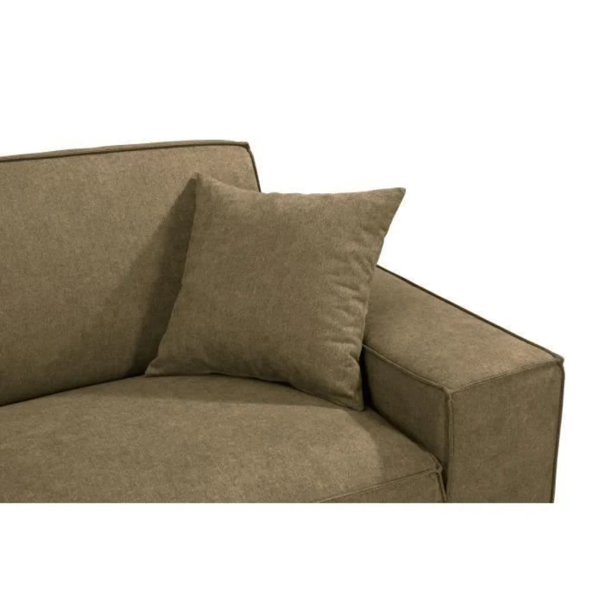 Canapé droit en tissu vert olive avec deux coussins assortis, pieds en bois clair