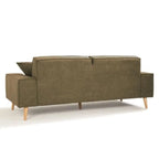 Canapé droit en tissu vert olive avec pieds en bois clair et ottomans de rangement