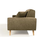 Canapé droit en tissu vert olive avec pieds en bois clair, style moderne salon