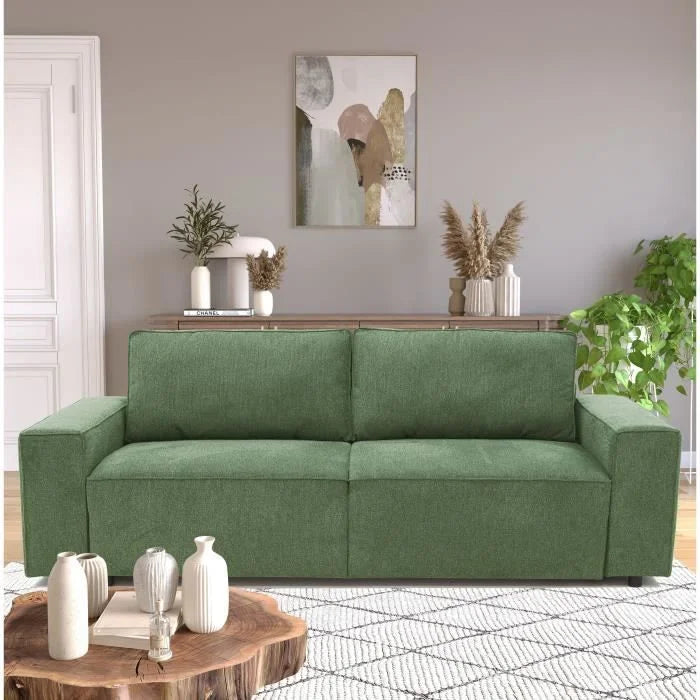 Canapé-lit vert olive contemporain 239x117 cm avec coffre, tissu texturé