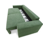 Canapé-lit contemporain vert olive avec coffre géométrique sous l’assise