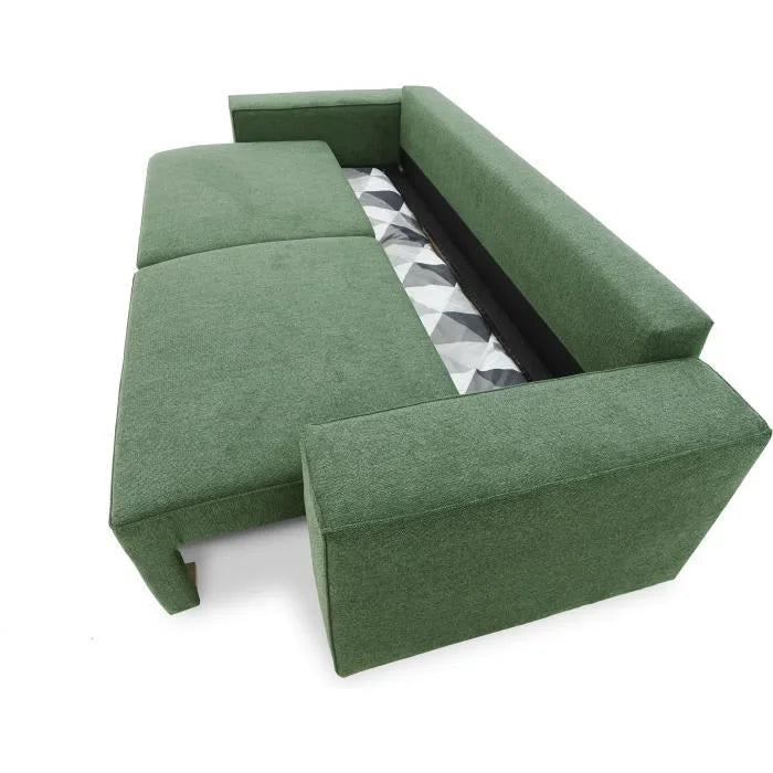 Canapé-lit contemporain vert olive avec coffre géométrique sous l’assise
