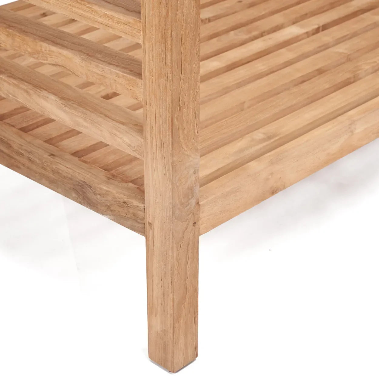 Pied de table en bois et étagères à lattes pour canapé modulaire en teck recyclé