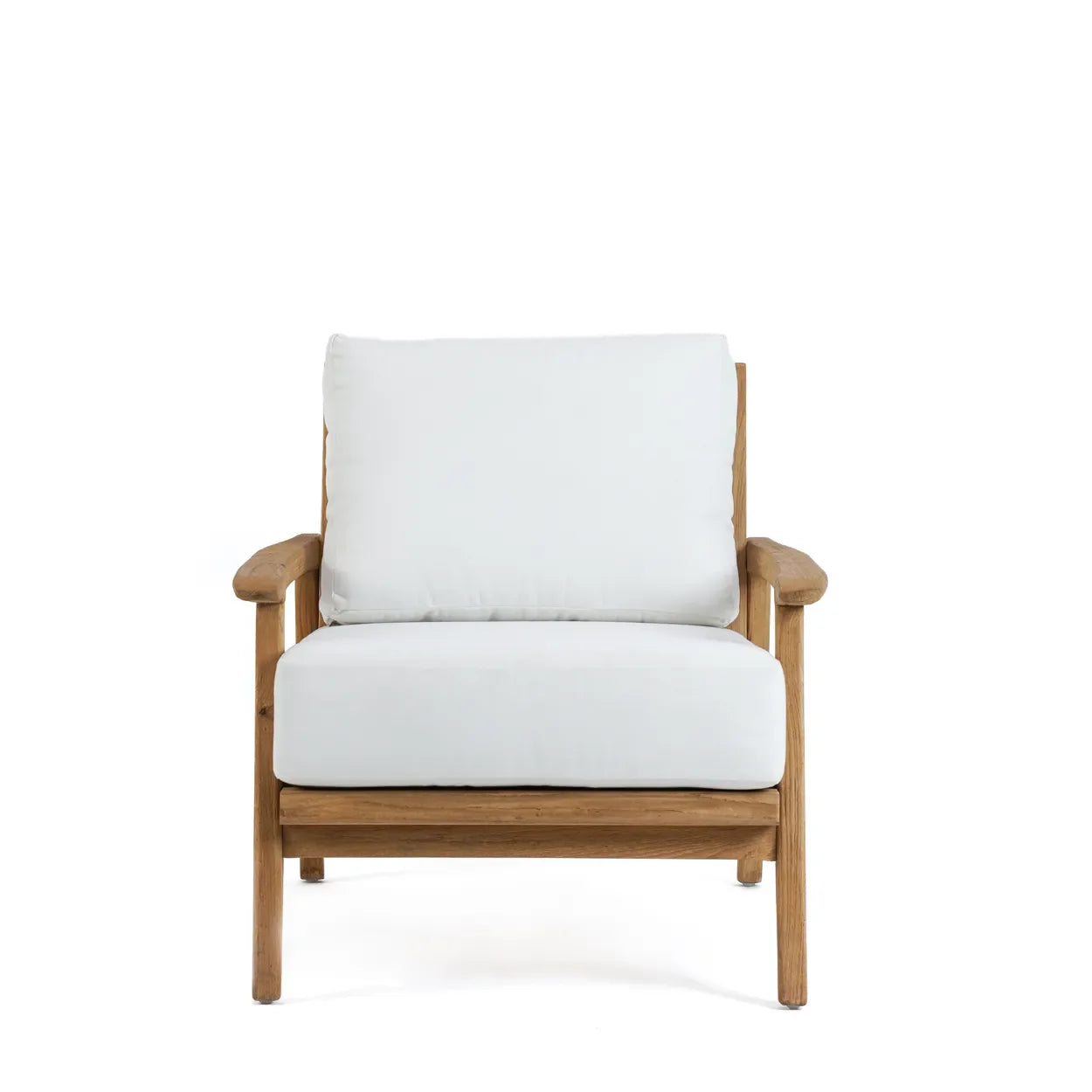 Canapé une place en teck recyclé avec fauteuil en bois et coussins blancs pour extérieur