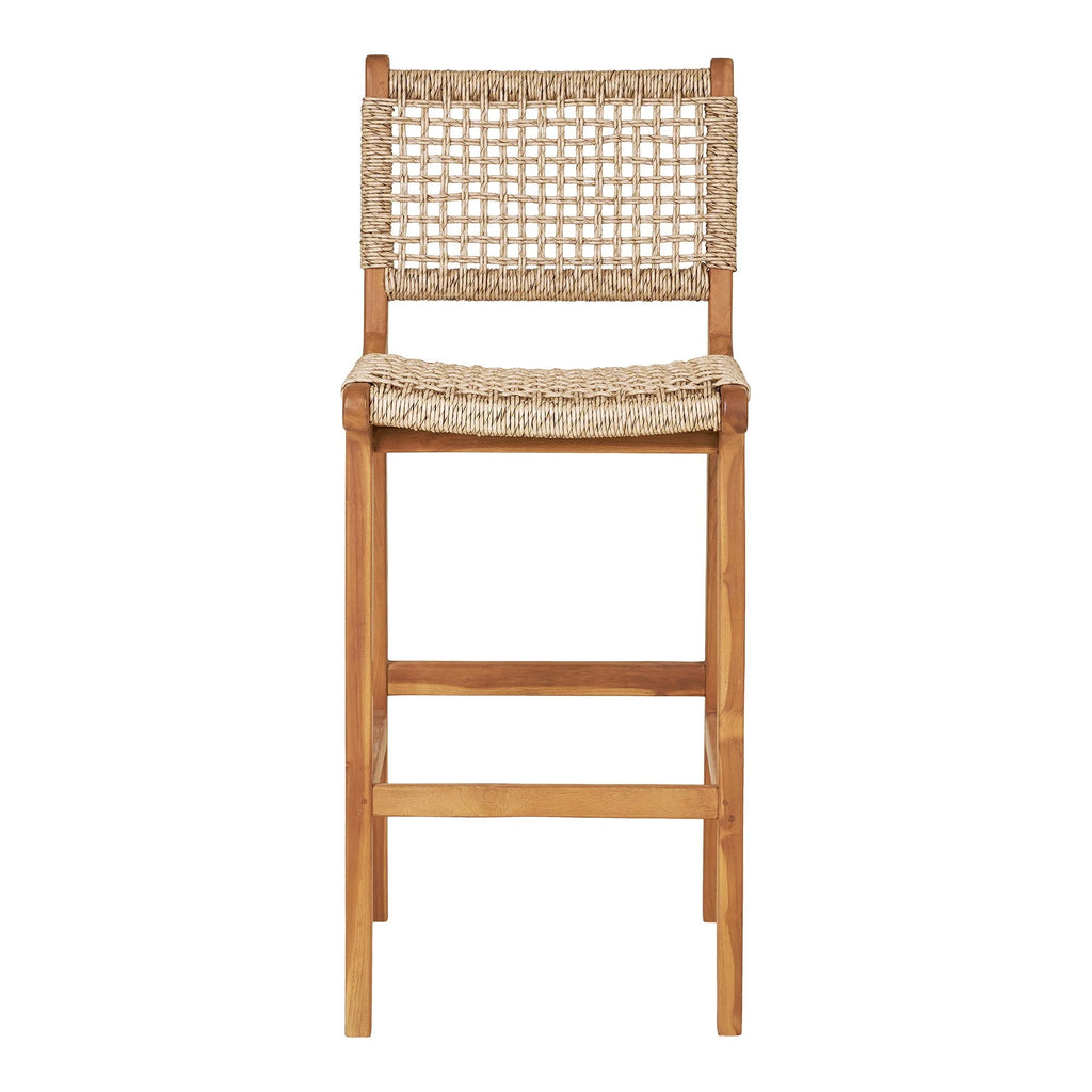 Chaise de bar en teck naturel avec dossier ajouré en corde tressée, H94 cm