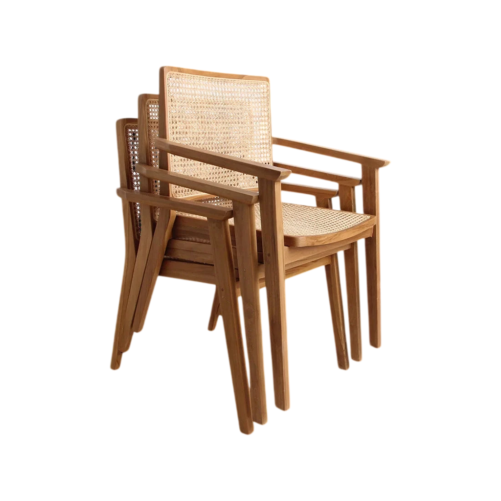 Ensemble de 3 chaises en bois clair et cannage avec accoudoirs
