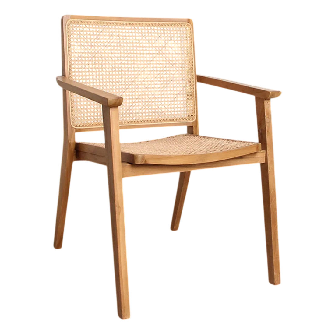 Chaise en bois clair et cannage avec accoudoirs naturels, set de 2