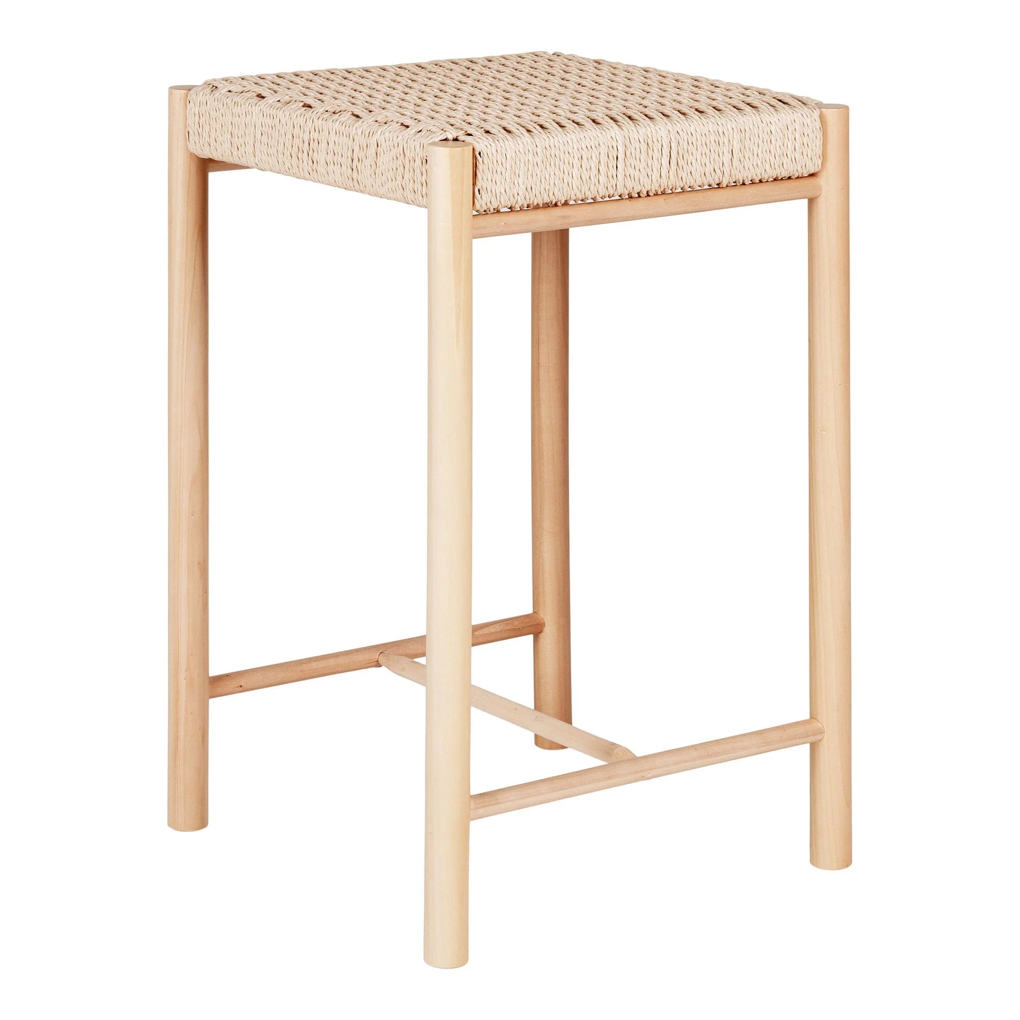 Tabouret en bois et rotin naturel avec siège tissé pour une décoration élégante